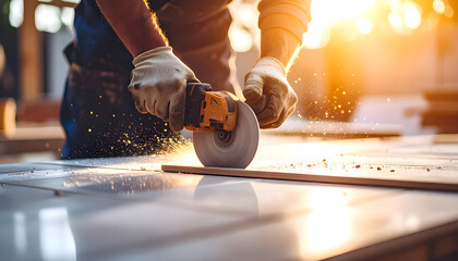 Construction Worker Cutting Metal With Angle Grinder