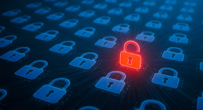 A grid of blue padlocks, with one red unlocked padlock highlighted among them, representing security vulnerability.