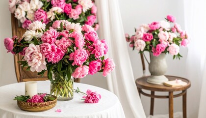 Pink Peonies in Glass Vase on White Table