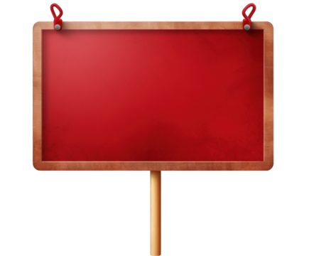 A blank red wooden sign with a rustic frame hangs suspended, isolated on transparent background, ready to display a message, notice, or advertisement