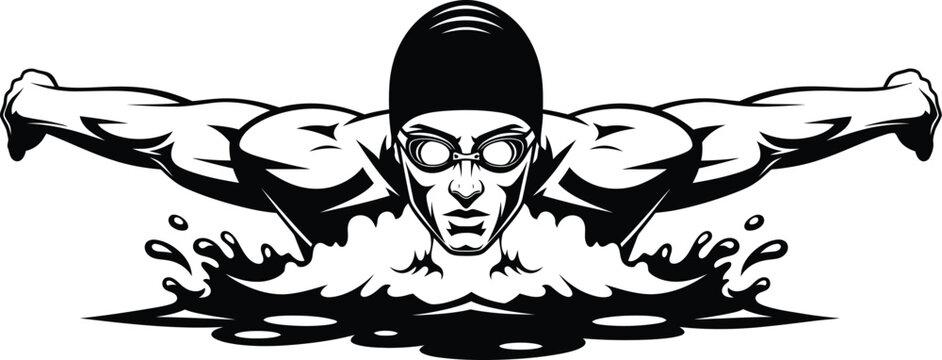 Black and white illustration of a swimmer doing butterfly stroke
