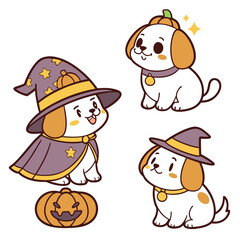 Naklejka premium Cartoon halloween pets featuring cats with pumpkin and witch hats and dogs with wizard costumes and collars