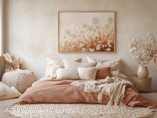 Cozy Bedroom with Soft Beige and Rust Decor Featuring Elegant Framed Artwork and Plush Cushions