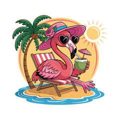 Chic flamingo on striped beach chair with sun and palm, sipping drink with confidence. Vector illustration design.