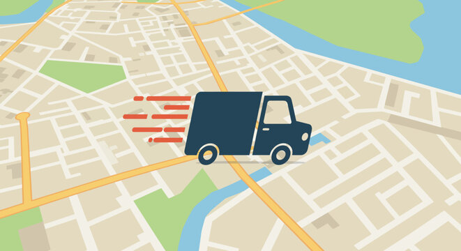 Delivery Truck on Map Fast and Efficient Transportation Service for Package Shipping and Cargo Freight Across Town