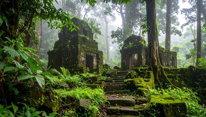 Ancient ruins shrouded in misty jungle