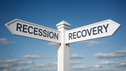White signpost with recession and recovery directions