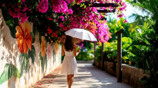 Woman in white dress with floral walkway, and umbrella.