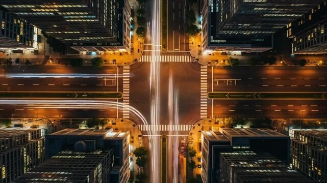 Aerial top-down timelapse of a busy city intersection at night, with glowing car light trails illustrating data flow, technology, and modern urban infrastructure.