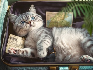 Funny gray tabby cat lying in an open suitcase. A map, a ticket and a passport are visible underneath. Top view. Humorous travel concept, zoo tourism, summer vacation mood, adventures and wanderlust.