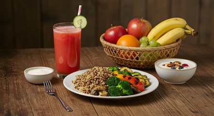 A healthy meal featuring a glass of red juice, a plate of buckwheat with grilled vegetables, a bowl of yogurt, and a basket of fruit on a wooden table.
