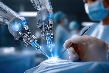 Robotic arms assist surgeon during high-precision medical operation in modern operating room