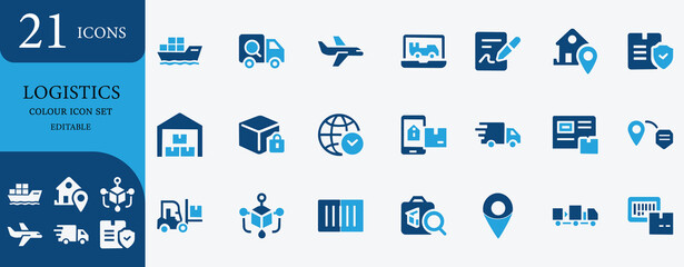 Modern logistics icon set with delivery, shipping, supply chain, fulfillment, tracking, ecommerce, cargo, and transportation symbols