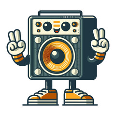 Fototapeta premium playful cartoon speaker icon with a happy face and peace signs is perfect for music blogs, audio tech websites, or entertainment promotions.