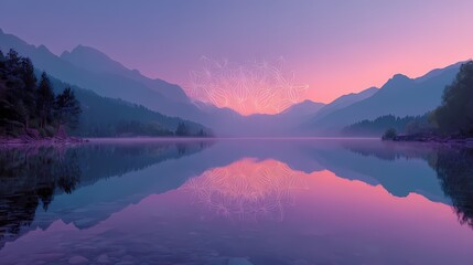 Fototapeta premium Pastel Dawn over Alpine Lake with Floating Mandala Networks