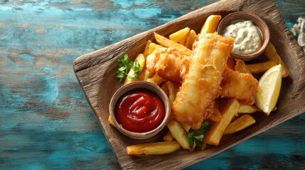 Golden fried fish and crispy French fries served on wooden tray with ketchup, tartar sauce, lemon wedge, and fresh parsley, creating delicious and inviting meal