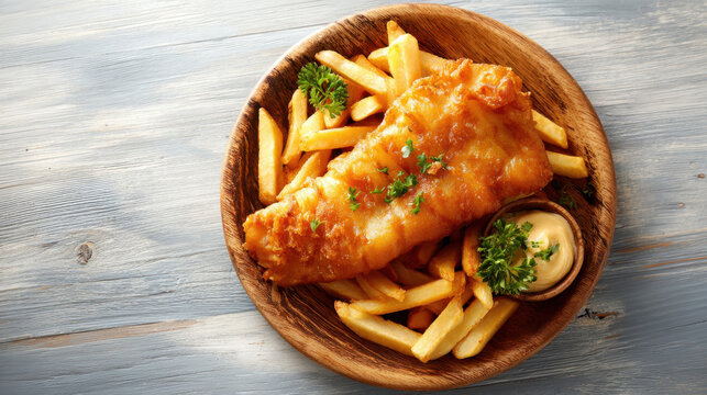 Crispy golden fried fish served with French fries and creamy dipping sauce garnished with fresh parsley on wooden plate, offering delicious and comforting meal