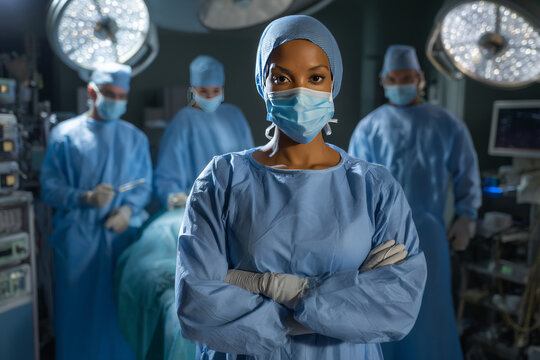 A confident team of surgeons prepares for a procedure showcasing teamwork and professionalism in a sterile environment