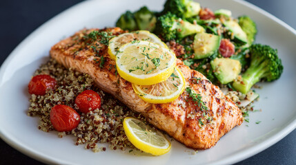 Grilled salmon with lemon slices served on quinoa with cherry tomato and side of broccoli and zucchini salad, offering nutritious and colorful meal full of fresh vegetables and protein