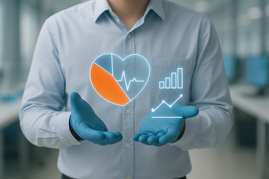 Heart health data is held in a medical professional's hands, suggesting wellness with charts and a healthy pulse.