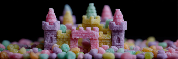 Colorful candy castle with pastel towers on bed of sweets