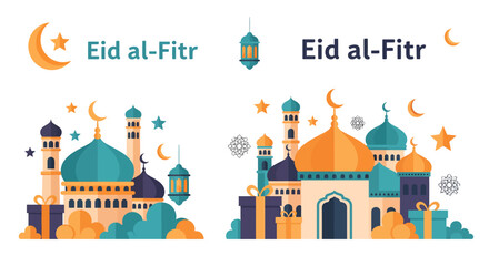 Festive Eid al-Fitr illustrations featuring mosques, gifts, and crescent moons.