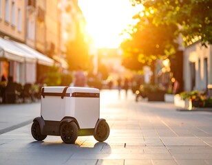 Autonomous delivery robot on city street at sunset