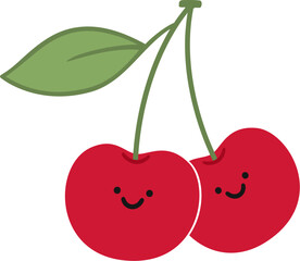Cute smiley two red cherries with leaf cartoon vector