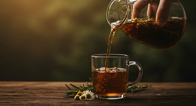 A hand pours herbal tea from a glass pitcher into a transparent mug on a wooden surface. - Powered by Adobe