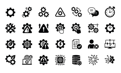 Gear Icons: Process, System, Technology, Warning, Repair,  Global, Bio,  Security,  Checklist, Database