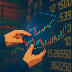 Digital Finance View – Tablet Candlestick Chart with Blurred Data Background
