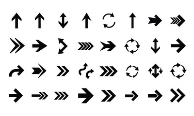 Naklejka premium Collection of Black Arrows: Up, Down, Left, Right, Diagonal, Circular, UI, UX, Web Design Icons