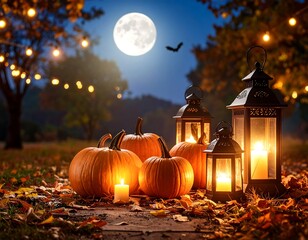 Autumn pumpkins under moonlight