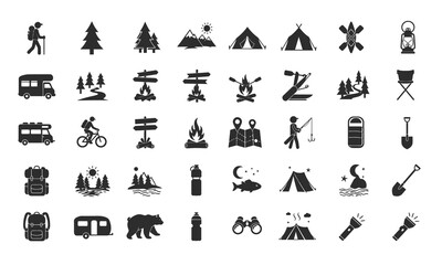 Obraz premium Camping Icons: Hiking, Tent, Kayak, Fishing, Adventure Symbols