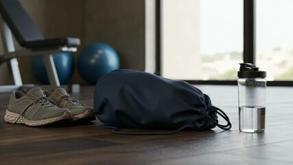 Fitness Equipment and Water Bottle in Gym Setting