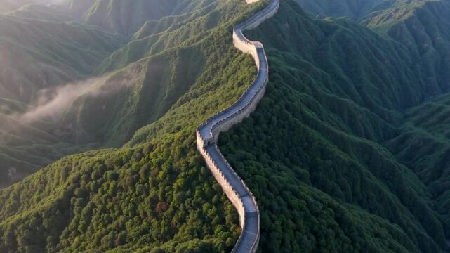 Top-down view of the Great Wall of China snaking through green mountains and morning mist