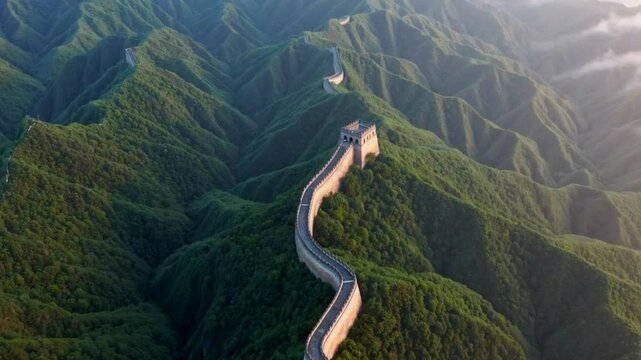 Top-down view of the Great Wall of China snaking through green mountains and morning mist