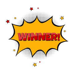 Comic-style WINNER! text in bold red inside a speech bubble, with radiating lines and stars. symbolizing victory, success, achievement, and celebration.
