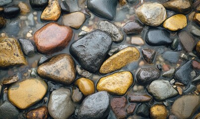 close-up of riverbed with stones and pebbles, wet texture, natural color variations, soft light 