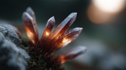 Close up of translucent brown crystals with warm light shining through clustered on mossy ground