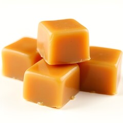 Caramel cubes isolated on white or transparent background, glossy sweet confectionery pieces