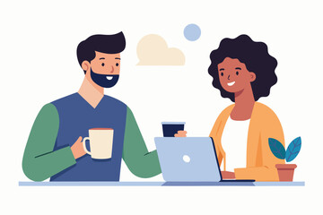 Diverse colleagues collaborating and drinking coffee while working on a laptop