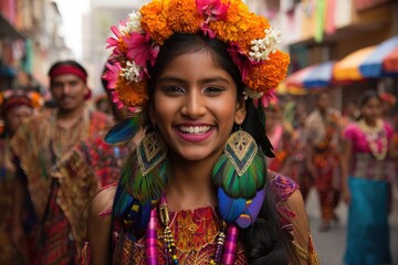 Fototapeta premium Smiling girl wearing floral crown and feather earrings in a festive street parade with people