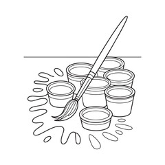 Paintbrush with paint pots in kids' art scene line drawing. Vector illustration design.