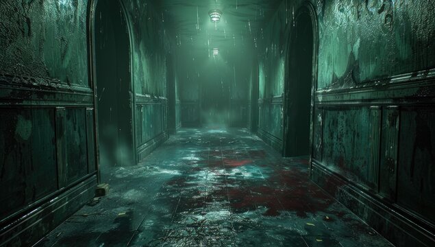 gameplay footage of the new horror game from batman, scary dark room with wallpaper and wet floor, teal color scheme in the style of batman. 