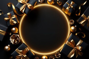 Black gift boxes with gold ribbons and ornaments around a glowing golden circle on black