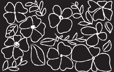  Seamless Hand-Drawn Floral Pattern Featuring White Line Art Flowers and Leaves on Black Background for Textile, Wallpaper, or Background Use