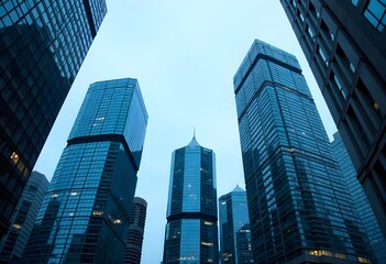 Obraz premium Up view of modern buildings from glass material blue colored. High houses and blue sky. High-rises buildings stretching up to heaven. 