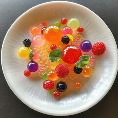 Assorted fruit spheres and juicy berries arranged on a white plate, featuring translucent gels and pearls. A modern take on molecular dessert with vibrant tones and a delicate composition