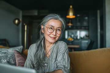 A cheerful woman with gray hair sits comfortably on her couch in a cozy living room enjoying her time with a laptop